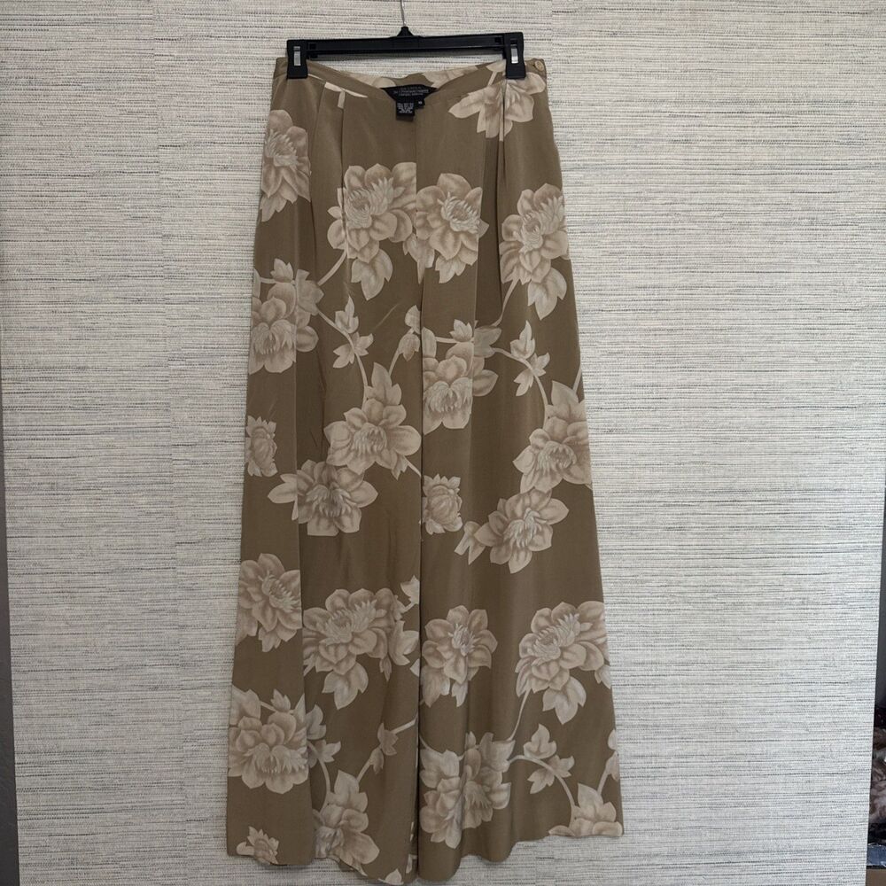 Vintage J Peterman 100% Silk Tan Floral Pants Size 10  Old Money Quiet Luxury